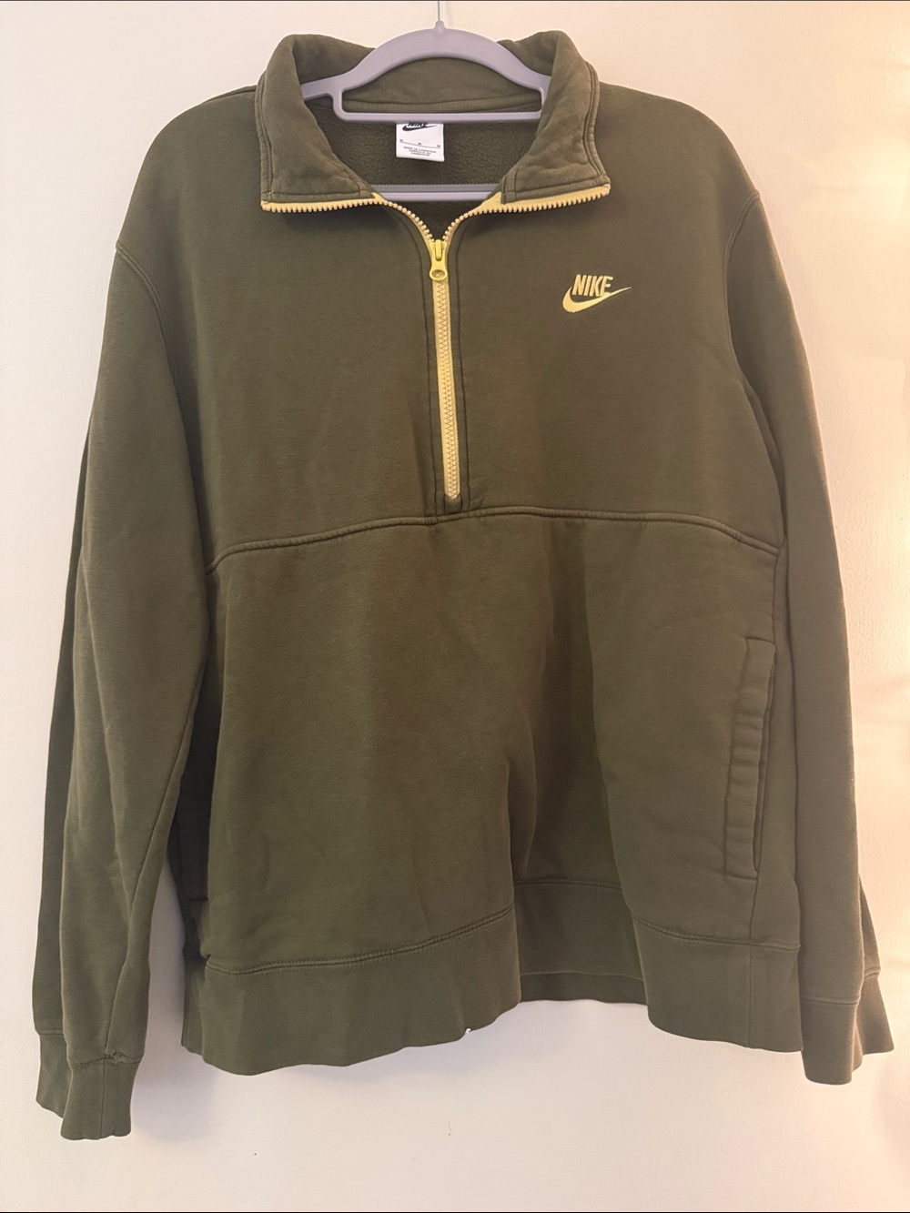 Nike Sportswear Club Olive Green Half-Zip Fleece w/ Yellow Accents - Size M - Picture 3 of 4